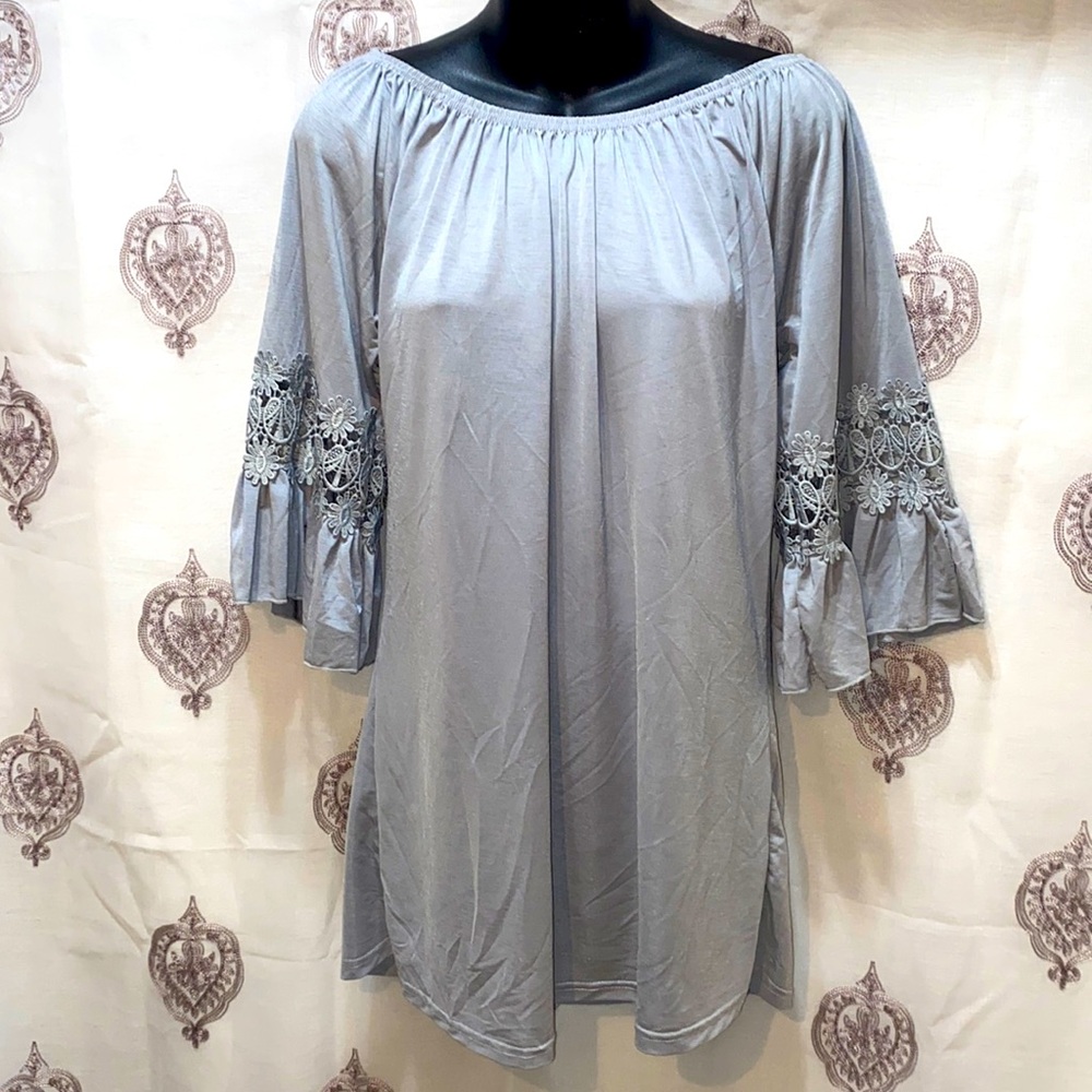 WIN WIN POLYESTER GREY BELL/LACE/RUFFLE -SLEEVE TUNIC DRESS SZ S/M